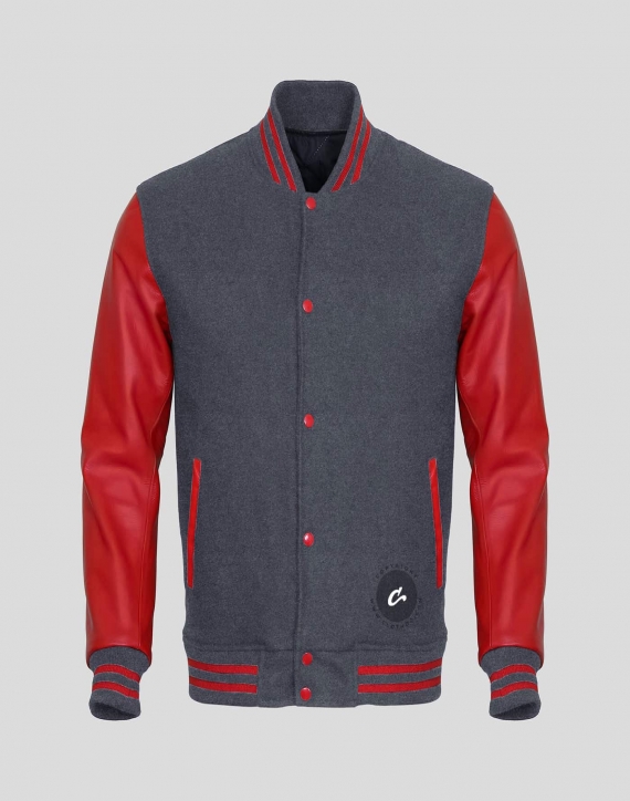 Red Faux Leather Sleeves Gray Wool Varsity Jacket