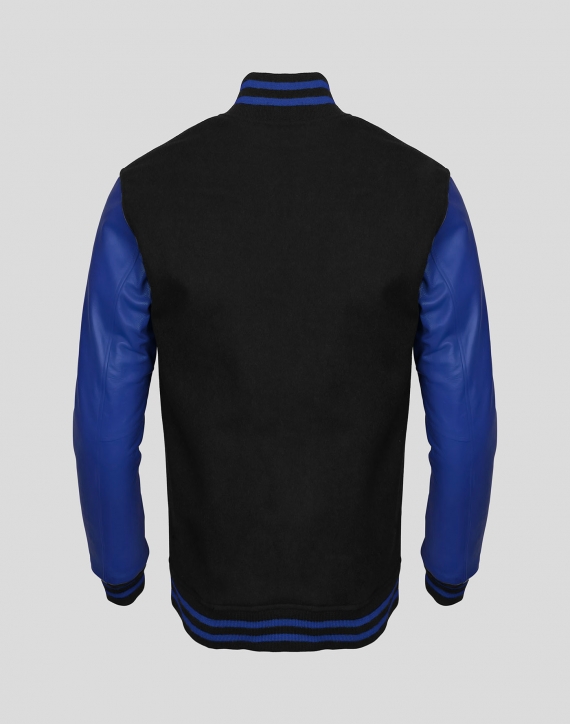 Blue Faux Leather Sleeves Black Wool Letterman Jacket | Clothoo
