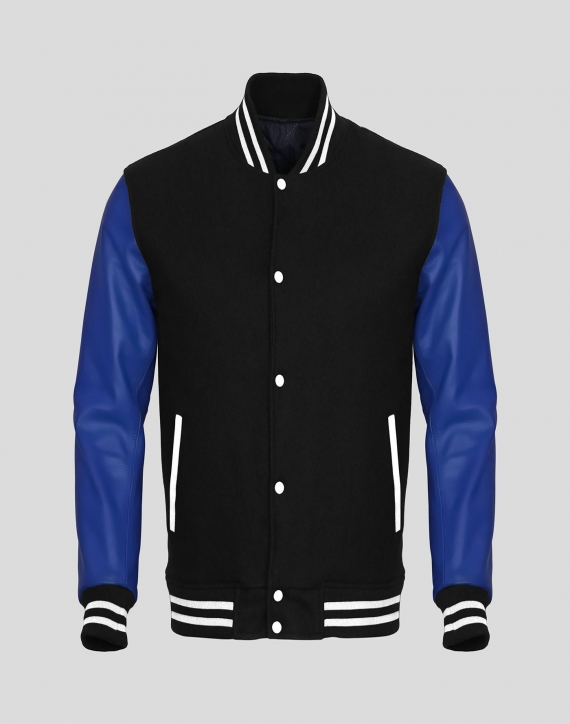 Royal Blue Faux Leather Sleeves Blackish Wool Varsity Jacket
