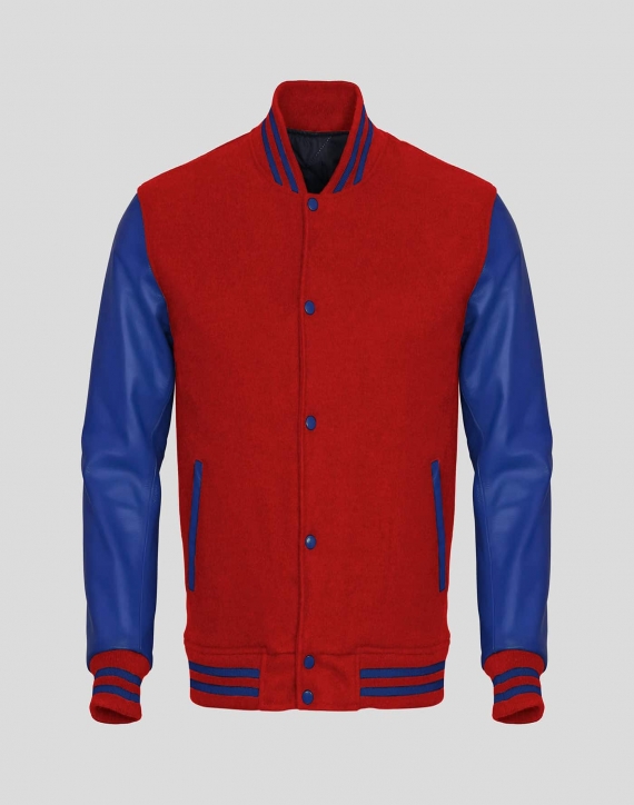 Vinyl Varsity Jacket in Red Wool and Blue Sleeves