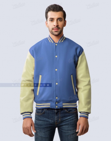 Sky Blue Wool and Cream Leather Sleeves Varsity Jacket Sky Blue Wool and Cream Leather Sleeves Varsity Jacket