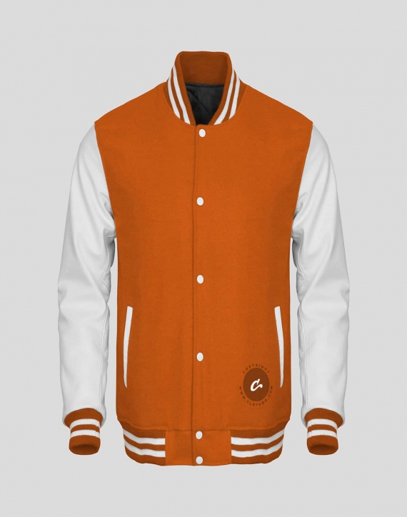 White Faux Leather Sleeves Orange Wool Varsity Jacket