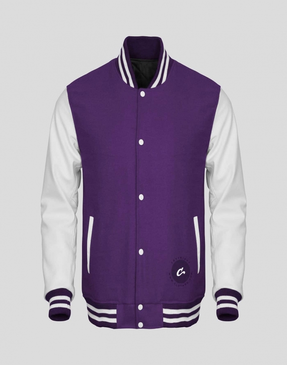 White Faux Leather Sleeves Purple Wool Varsity Jacket