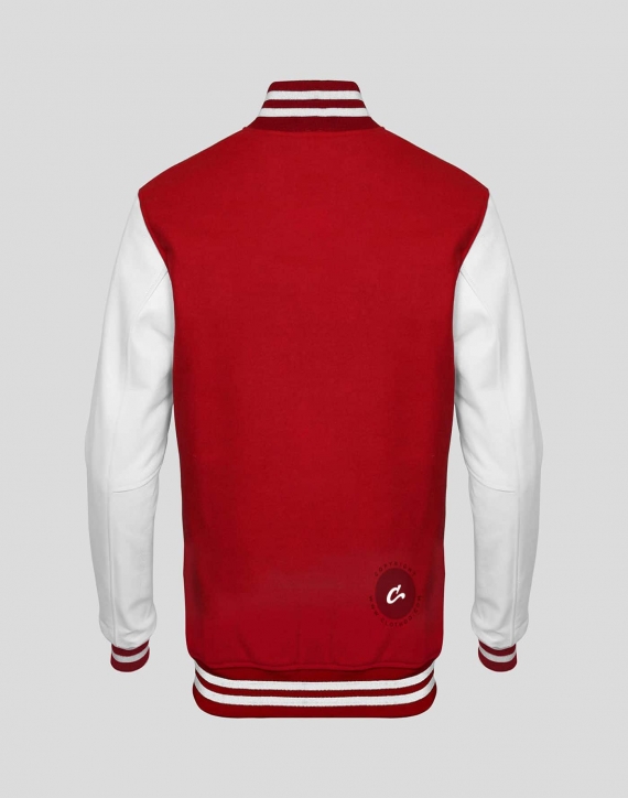 White Faux Leather Sleeves Red Wool Varsity Jacket