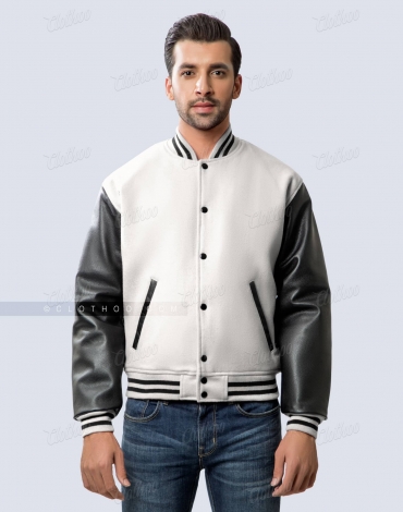 White Wool and Black Leather Sleeves Letterman Jacket White Wool and Black Leather Sleeves Letterman Jacket