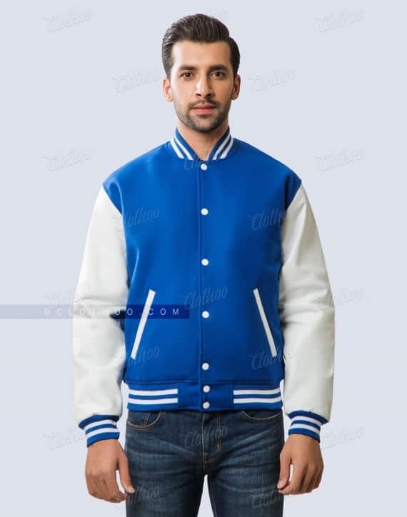 Varsity Jacket Leather Sleeves in Royal Blue / White | Clothoo