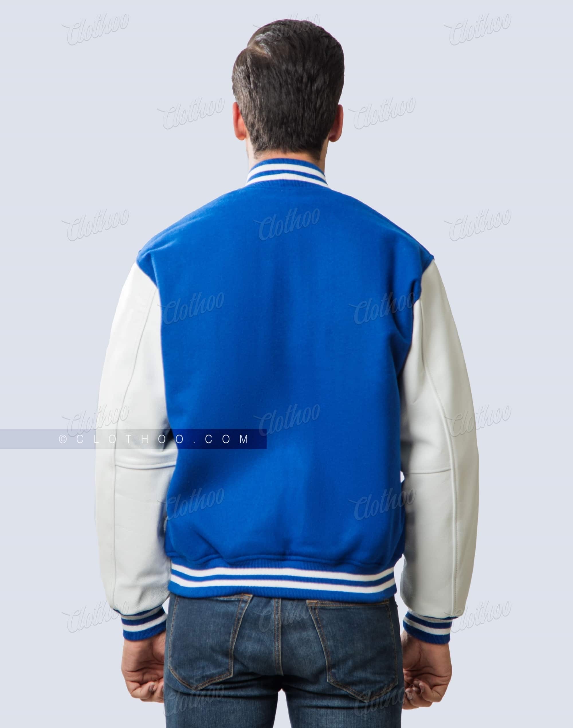 Varsity Jacket Leather Sleeves In Royal Blue White Clothoo