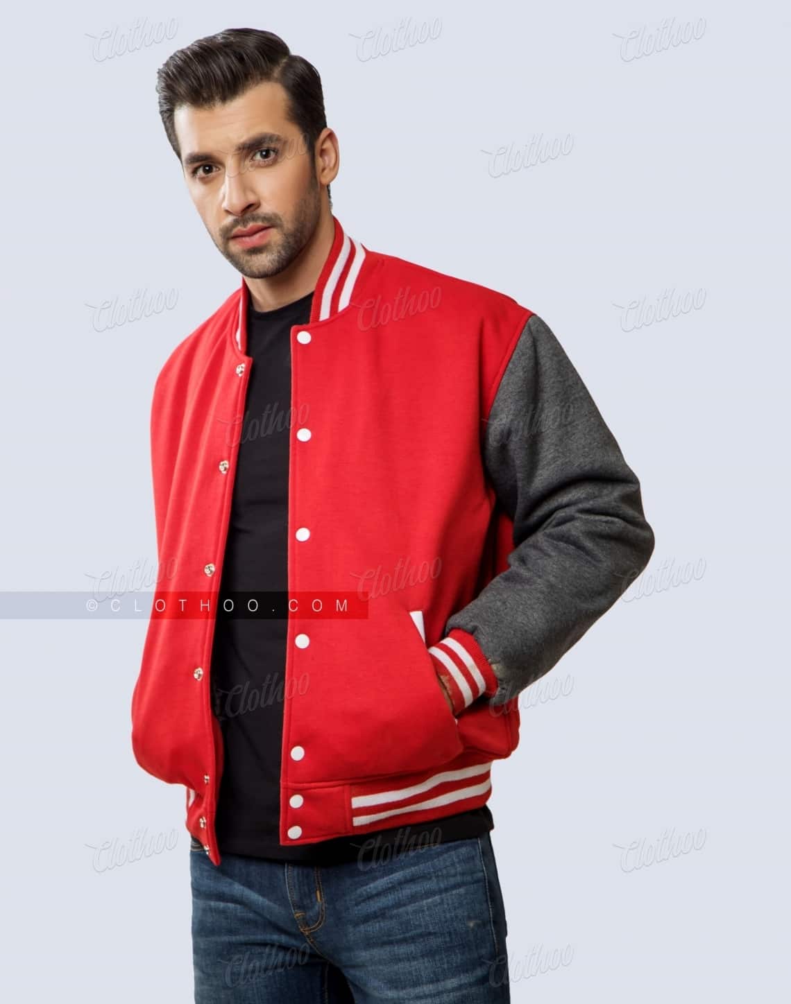 Cotton Fleece Letterman Jacket in Red & Grey | Clothoo