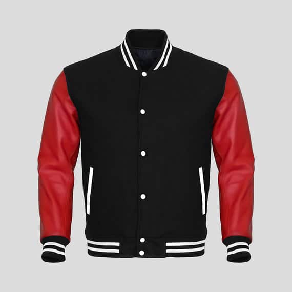 Red Faux Leather Sleeves Black Wool Letterman Jacket