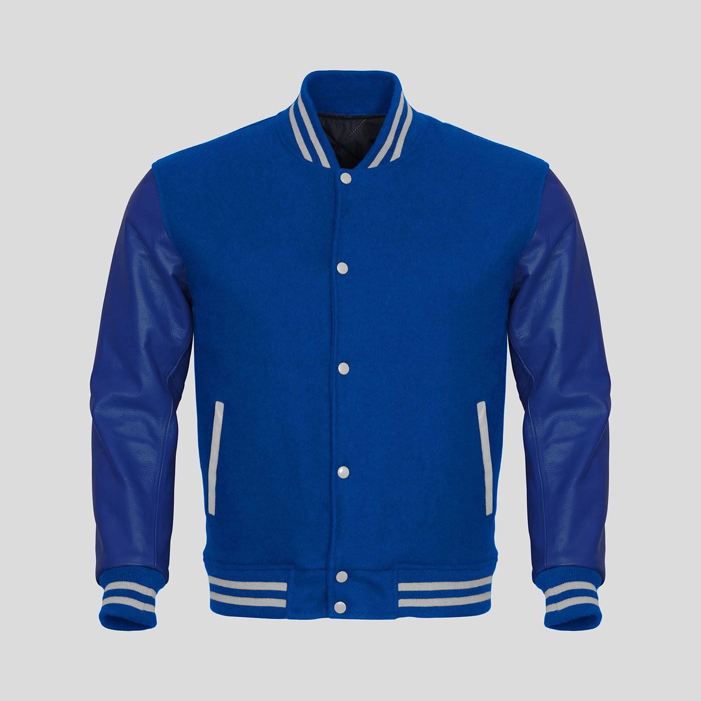 White Leather Sleeves Navy Blue Wool Varsity Jacket