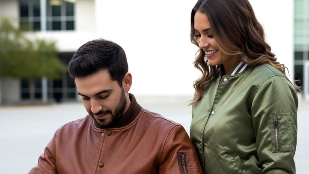 Men and women wearing satin and leather bomber jackets, made by Clothoo