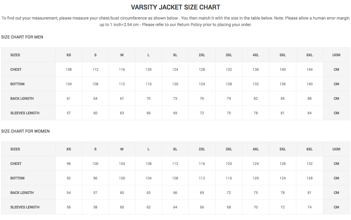 Varsity Jacket Size Chart | Clothoo
