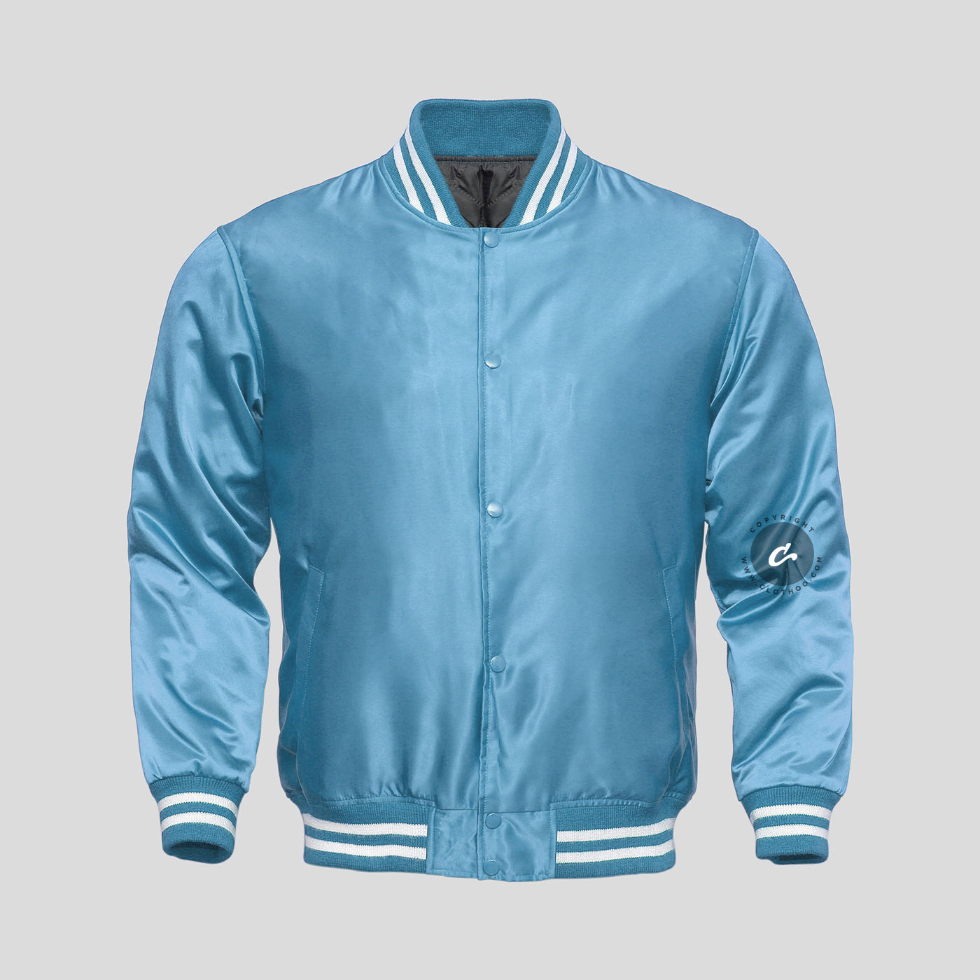 Sky Blue Satin Baseball Jacket | Clothoo