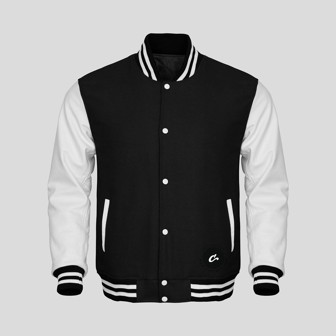 White Leather Sleeves Black Wool Varsity Jacket | Clothoo