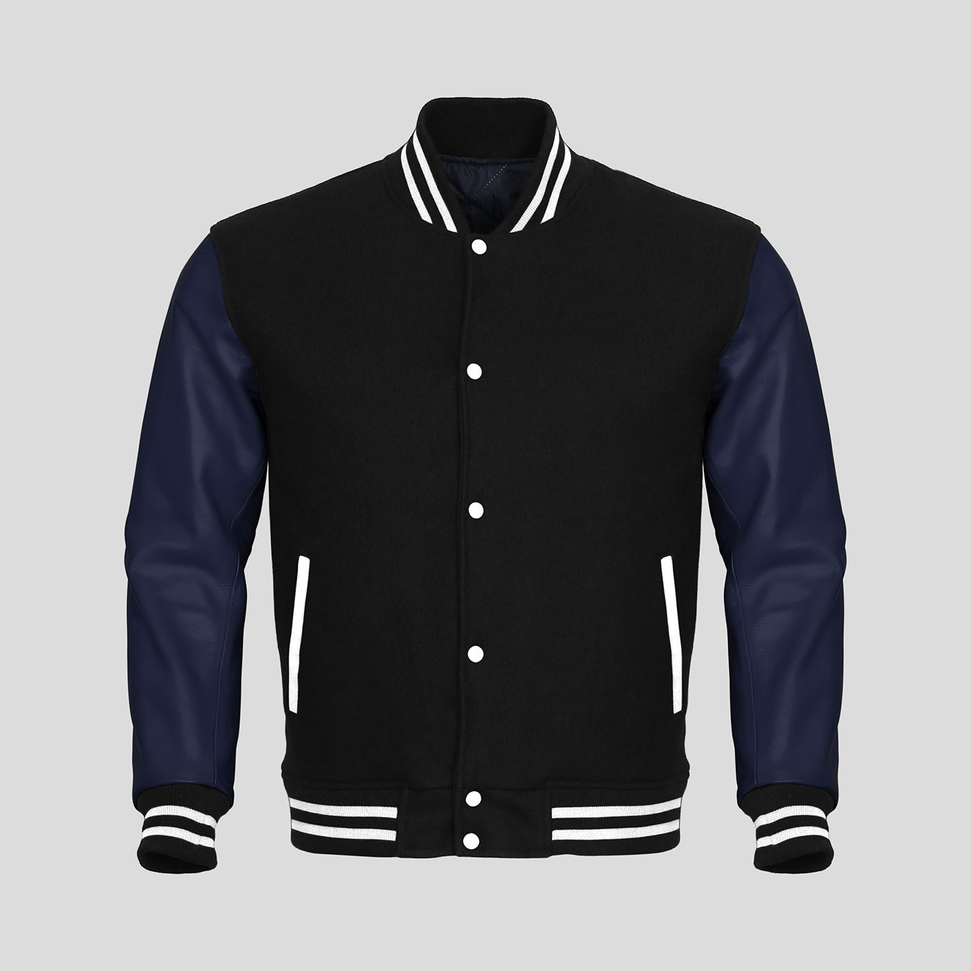 Navy Blue Faux Leather Sleeves Black Wool Letterman Jacket