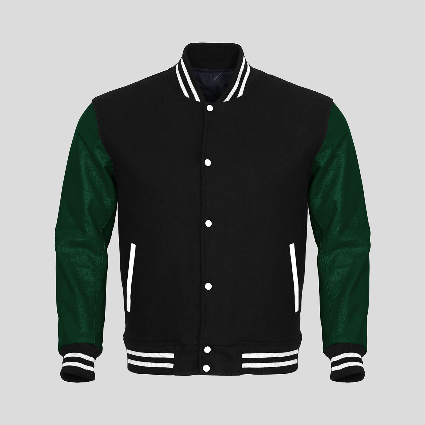 Green Leather Sleeves Black Wool Letterman Jacket