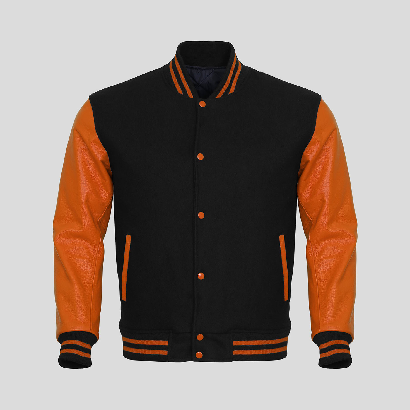 Orange Leather Sleeves Black Wool Varsity Jacket