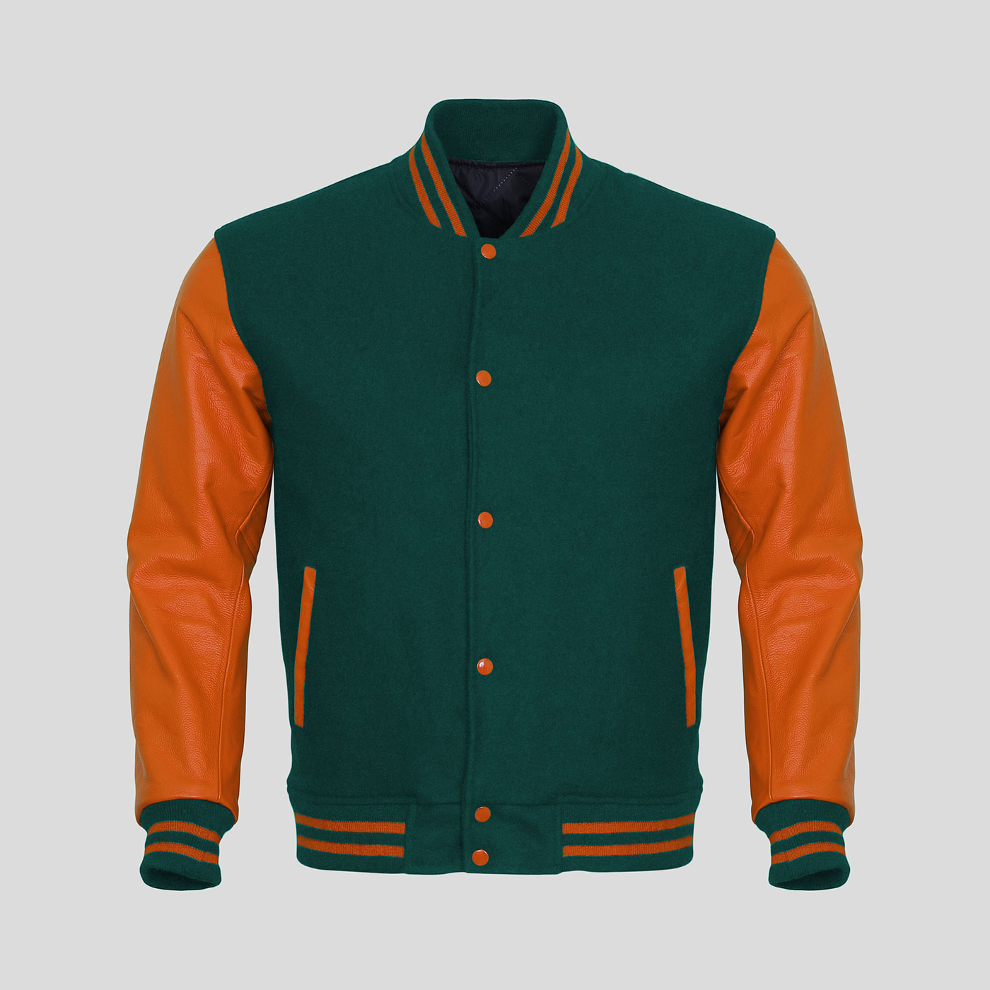Orange Leather Sleeves Green Wool Varsity Jacket Clothoo Orange Leather Sleeves Green Wool Varsity Jacket