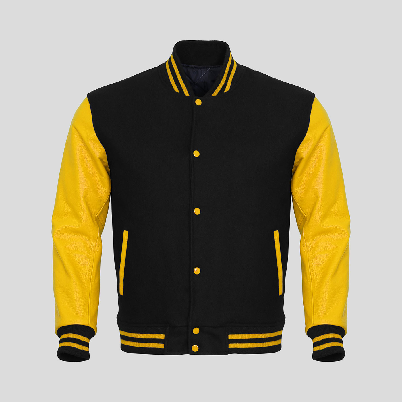 Yellow Leather Sleeves Black Wool Letterman Jacket Clothoo